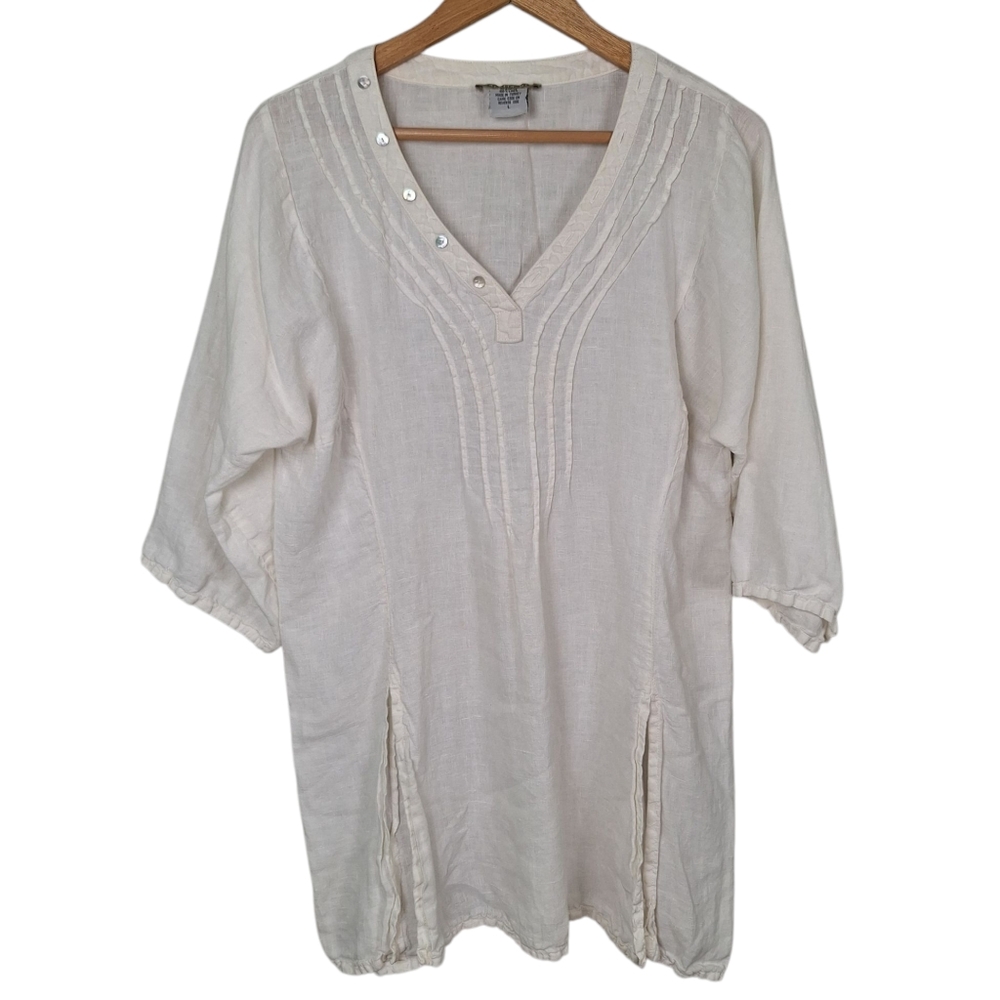 Isabella Bird 100% Linen White V Neck Blouse Tunic Front Slits L
